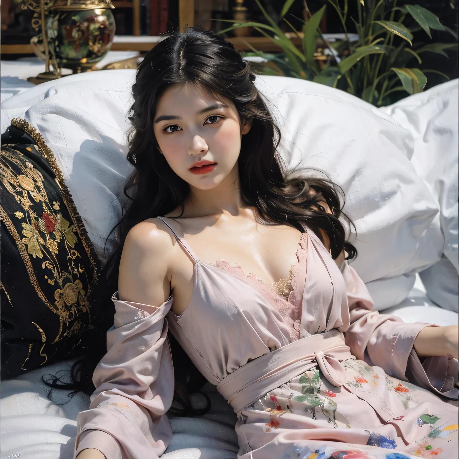 Romantic Rosette Dresses 2, Robber Girl,Red lips,Mature Woman,assembly, Liu Fei, ((Cowboy Shot)), (Highest quality, masterpiece:1.2), Very detailed, (Realistic:1.37), beautiful, young, Attractive model (Fine grain, Detailed lips, extremely Fine grain), Lying in bed, White and floral, show a bright smile, The body is slim, Long legs, Producing a breathtaking depiction of a girl enjoying her sleep, Random Pause,