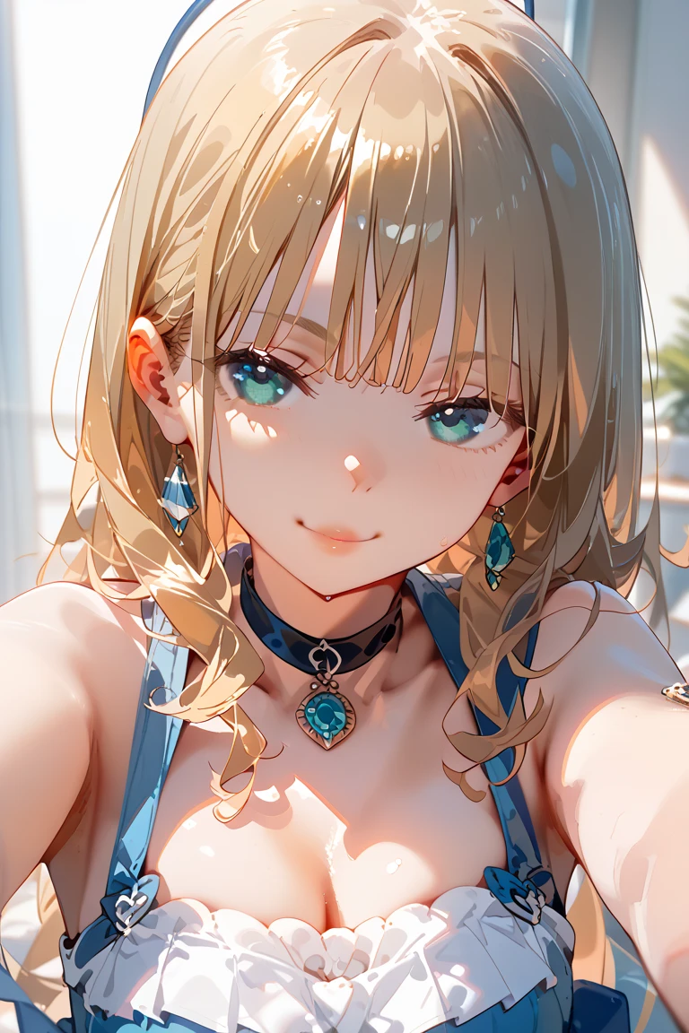 Fille sexy, large breast, roof of a hotel, sun set, seductive, chemise blanche, cheveux blonds, blue eye, detailed eyes, hourglass _forme du corps, Ultra detailed, 4K Ultra HD, smiling, flirty smile, blushes, jewels, 比基尼,