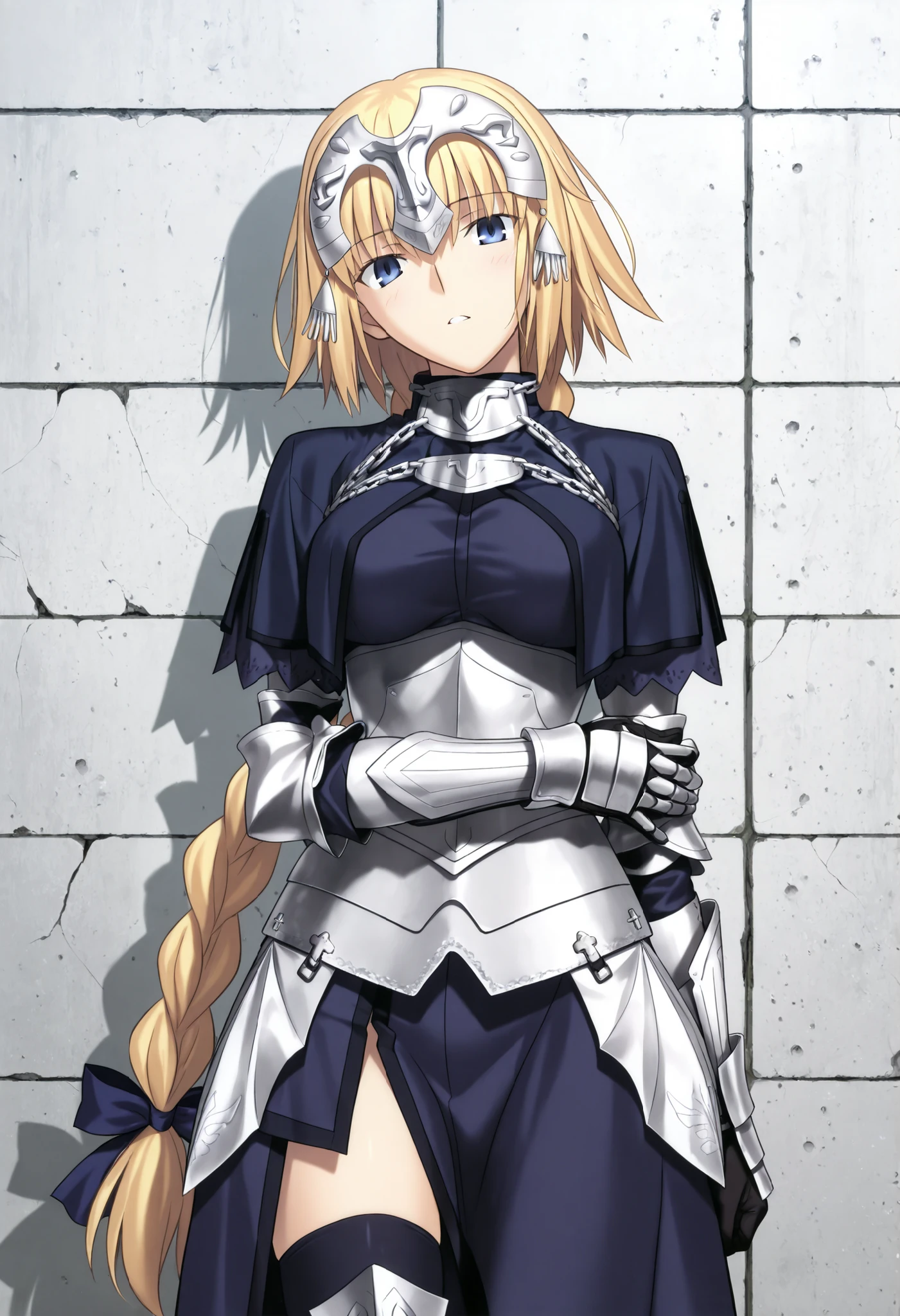 masterpiece, , absurdres, highres, detailed background, high resolution, masterpiece, necessary, detail, best quality, quality, necessary, details, High details, Precise, , , outdoors, , (cowboy shot), ((light gray concrete wall)), (cinematic light), , solo,
1girl, , Takeuchi Takashi (type-moon,tsukihime) style, takeuchi takashi style, (hold own arm, ), head back,(head tilt),seriously, ,
girl, slim arms, jeanne d arc, \(fgo\), blue eyes, half^closed eyes, jeanne d arc, blonde hair, medium hair, , single braid, ((very big braid, huge braid)), , armor, armored boots, armored dress, black gloves, black thighhighs, braid, dress, gauntlets, gloves, headpiece, blue dress, single braid, medium breasts, , looking at viewer,,