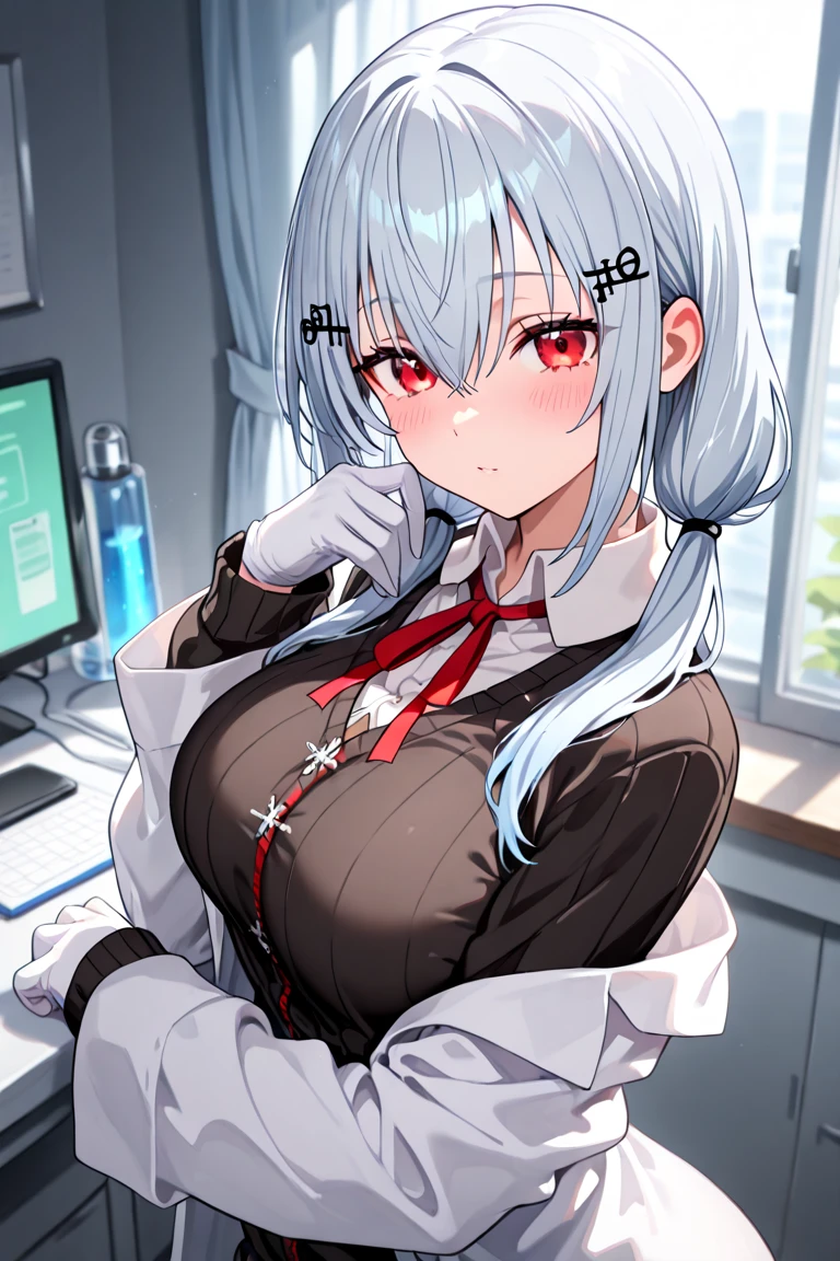 NSFW,masterpiece,Highest quality,High resolution,Super detailed,Shirakami Fubuki\(Hololive\),Gray Hair、One-sided braid、Ahoge、Earrings,Fox ears,Fox tail,Small breasts,nurse,Pink Nurse Uniform,Nurse cap,Stethoscope,Embarrassed,blush,Expecting face,Feeling face,(??????? face),Sexy look,Hospital at night,Examination room,desk,pc,Chair,(Seduce),Cleavage,examine,Chairに座っている,Leg spread,Rub your own breasts,(Masturbation),(Squirting),From before