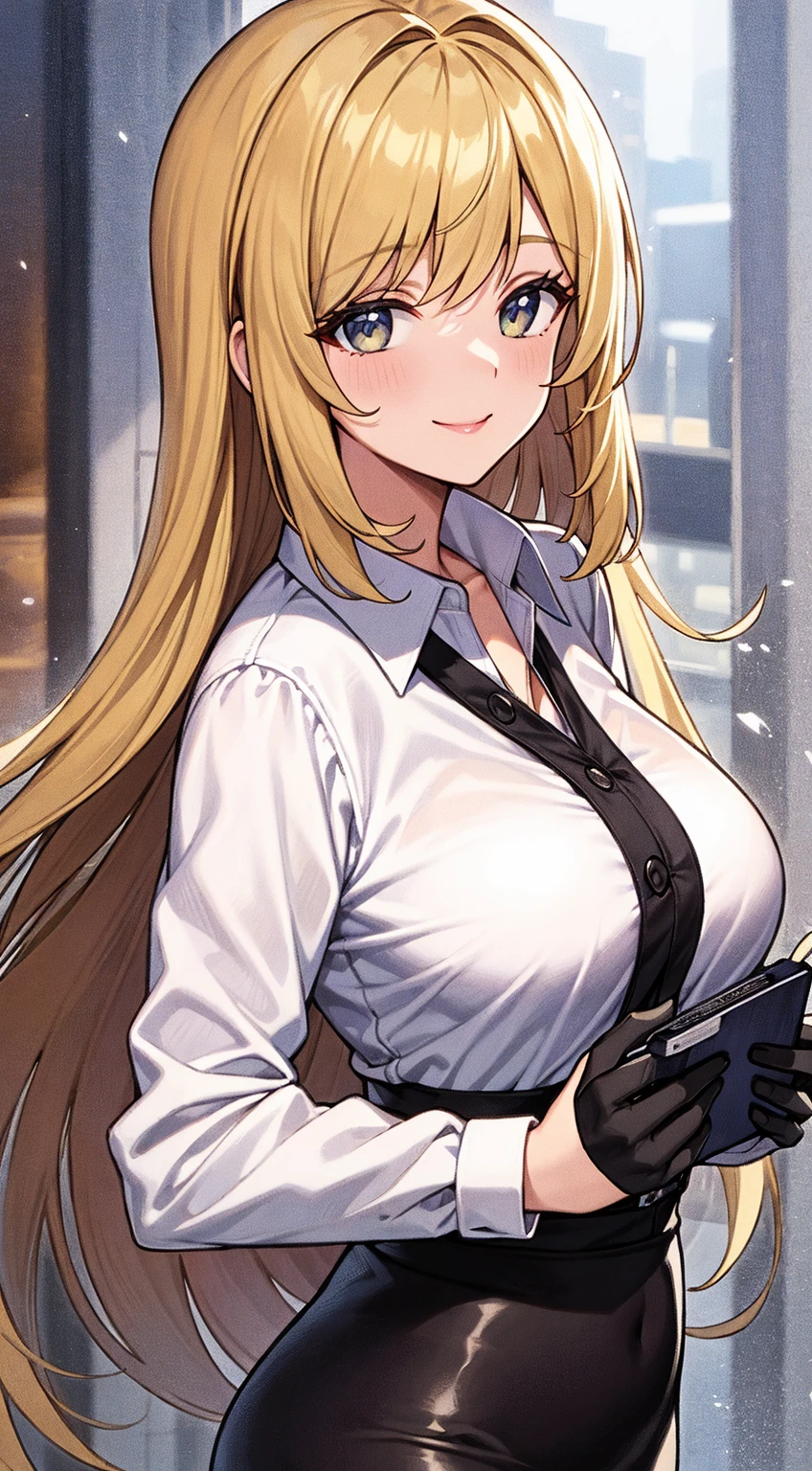 ((super high quality,))((Ultra-high resolution,))(16K,)(super masterpiece,)((Ultra HD ,))(Detailed shading,)One sexy woman,popped Tight collar White shirts,Long sleeve,Cleavage,Black tight skirt,smile,Lean forward diagonally,