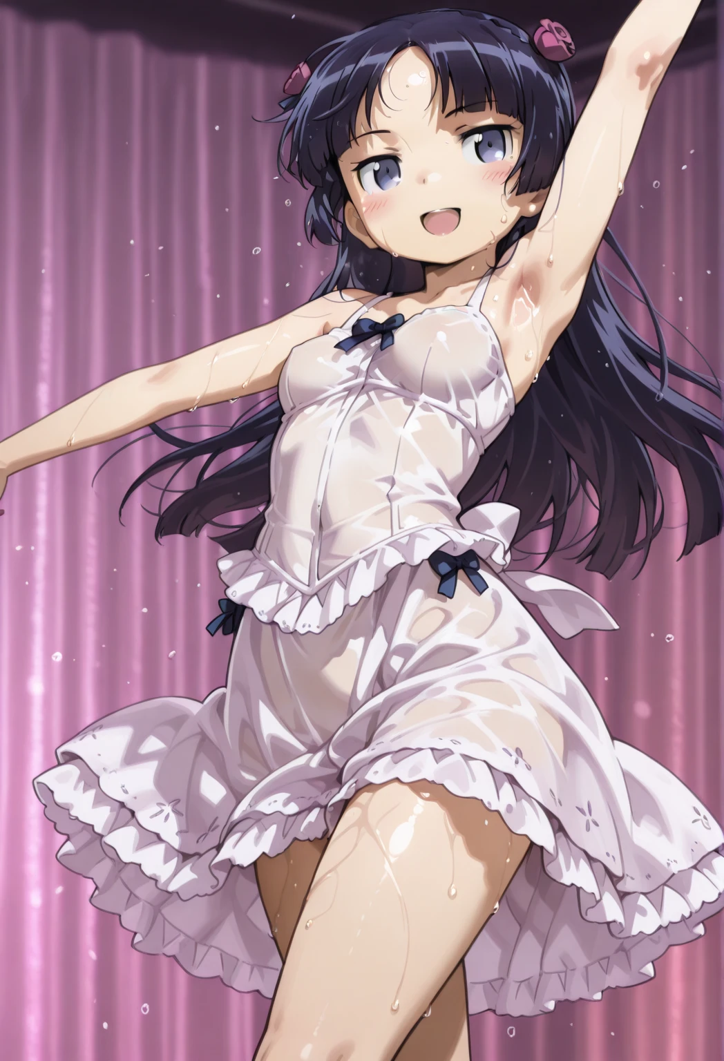 A superb exquisite Chitanda Eru, purple eyes, black hair, natural straight hair, straight bangs, solo, ((idol)), ((on stage)), cosplay, dancing, extremely delicate, straight facial features, peerless beautiful girl, soft, (sensual), (kawaii), dreamy quality, light white and dark brown, exaggerated facial features, solid color, frank holly, delicate face, bright lips slightly open, slender waist, soft curves, real light and shadow, super fine, 4k, natural moving, Ultra high resolution, (masterpiece:1.2, best quality), (finely detailed beautiful eyes: 1.2), (beautiful detailed face)