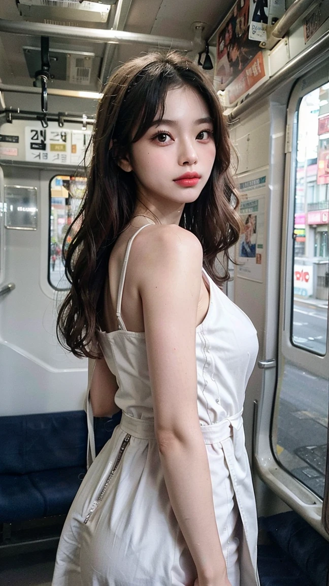 (Best Quality, 8K, 32 k, Masterpiece, UHD:1.2), Photorealistic:1.37,Photo Masterpiece, Best Quality, Raw foto,  UHD, 1Girl,  Long hair, Glitter Hair,Brown hair, captivating, White dress, [Messy Half Ponytail|bobcut] The middle_parting_Hairstyles, looking up at viewer, In the street, intriciate detail, detailed background, Detailed skins, pore, high resolucion, HDR, looking up at viewer, from frontal, Whole-body focus, Street Snap, Depth of field,  detailed details, Anatomically accurate.,  (Photorealistic, BAPV:1.3), (Upper body from waist frame:1.2), Renaissance background, natural lighting, golden_ratio, Shot with Kodak Vision3 IMAX, fujicolor_because_film,