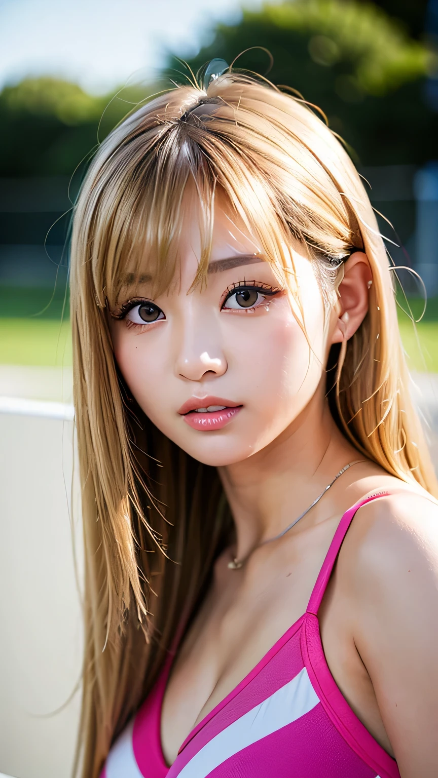 RAW photos, ((((Portrait of extreme beauty))), (((Radiant white beautiful skin)), 1 girl, 14-year-old pretty beautiful girl, ((blonde of bright various colors with glossy)), disheveled hair, hair hanging in front of the face and clinging, [Attractive whitish blue eyes], silky fine hair, ponytail, eyeliner, bangs, hair between the eyes, fluttering hair, a little smile, ((masterpiece, top quality, Ultra detail, film light, complex detail, high resolution, 8k, very detail)), detailed background, 8k uhd, dslr, soft light, high quality, film grain, fujifilm XT3, shallow depth of field, natural light, (perfect hands), sexy and perfect beautiful face, small breasts, , sheer sailor suit
