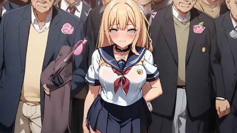 masterpiece,Highest quality,1girl,alone,blonde hair,for sale,slave,slave auction,auction,audience,crowd,nude,price tag,arms up,