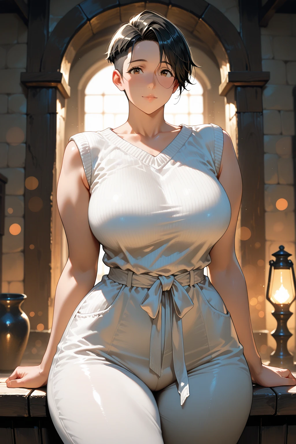 (A bewitching 35-year-old Japanese widow, Outside, in the ruins of the horrific war she caused, she poses voluptuously and seductively, with the burnt fields littered with corpses lit up in the eerie moonlight and shining pale blue in the background., her porcelain doll-like complexion illuminated by soft golden lighting. Her raven tresses cascading down her back like a waterfall of night, as she gazes seductively into the camera with an air of sly sophistication. She's dressed in a provocative black kimono, its silk folds teasingly parted to reveal a hint of creamy skin. The framing of the shot accentuates her curves, while her eyes seem to dare you to succumb to her charms. Her full lips curved into a subtle smile, as if she's already ensnared her next victim.), (masterpiece, incredibly absurd resolution, absolutely resolution, ultra high resolution, Mature Female, MILF, professional, vivid colors, perfect anatomy, ideal facial features, ideally proportioned figure, perfectly beautiful body, super detailed skin, glossy skin, glistening skin, Glamor, soft and curvy, body conscious, collarbone, cleavage, saggy huge breasts), ((evil seductive smile))