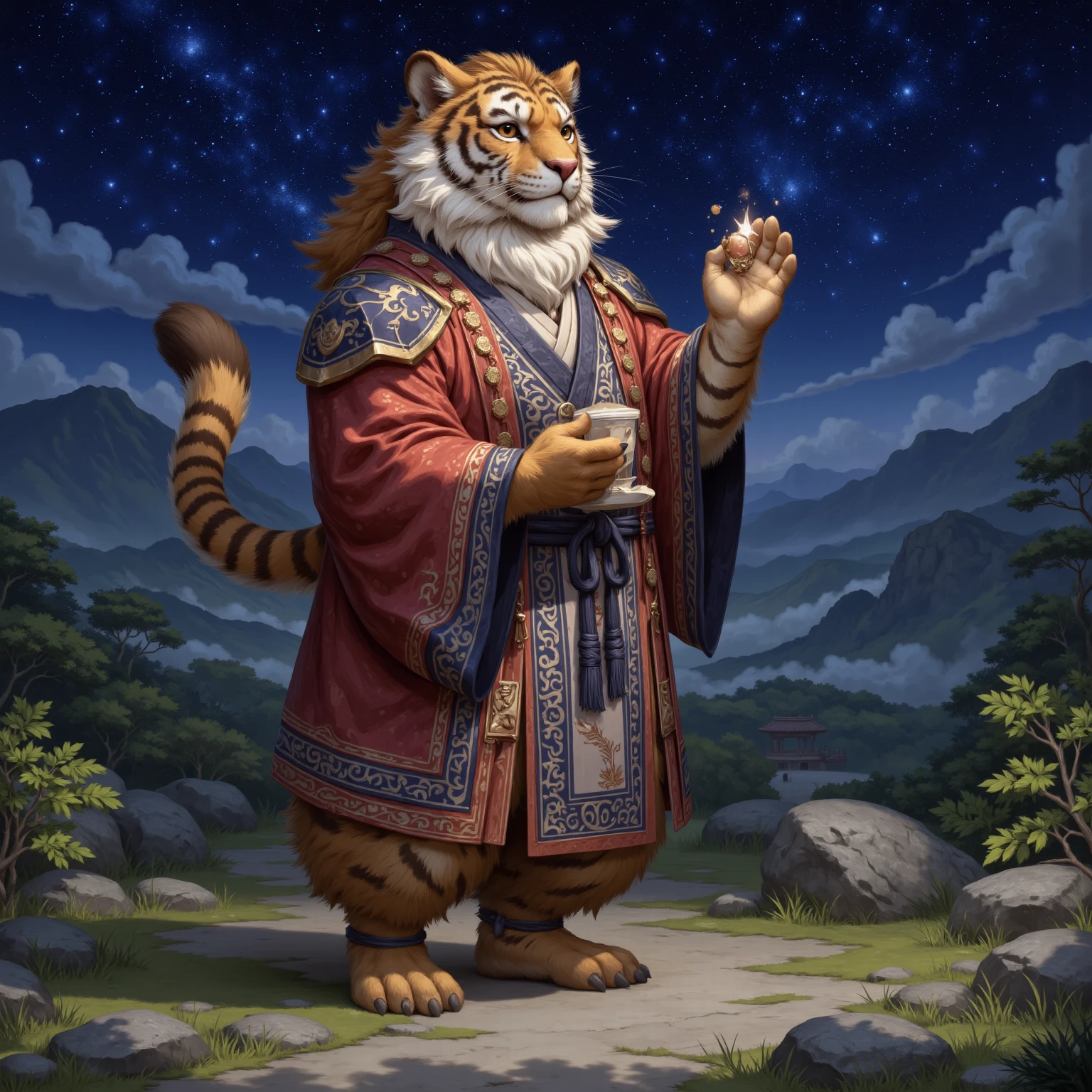 character focus, whole body, fat middle-aged tiger man, (Feng Shui master's robe clothes), please raise your hand casting oracle, body hair, hairy skin, fluffy,  5toes, 5fingers, tiger 1tail, brown eyes, male face, square jawline, male eyes, male eyebrows, detailed and realistic anatomy, musclegut, innocent look, detailed face, detailed tiger body, beautiful hands detailed eyes, intense eyes, beautiful beard, beautiful ears, arm details, leg details, beautiful legs, highest quality, high resolution, realistic, 16K, masterpiece, detailed painting landscape, starry sky, oriental mountain, path, outdoor, BREAK e621 illustration, osukemo, kemohomo, anthropomorphic, furry, cartoon, oriental atmosphere 