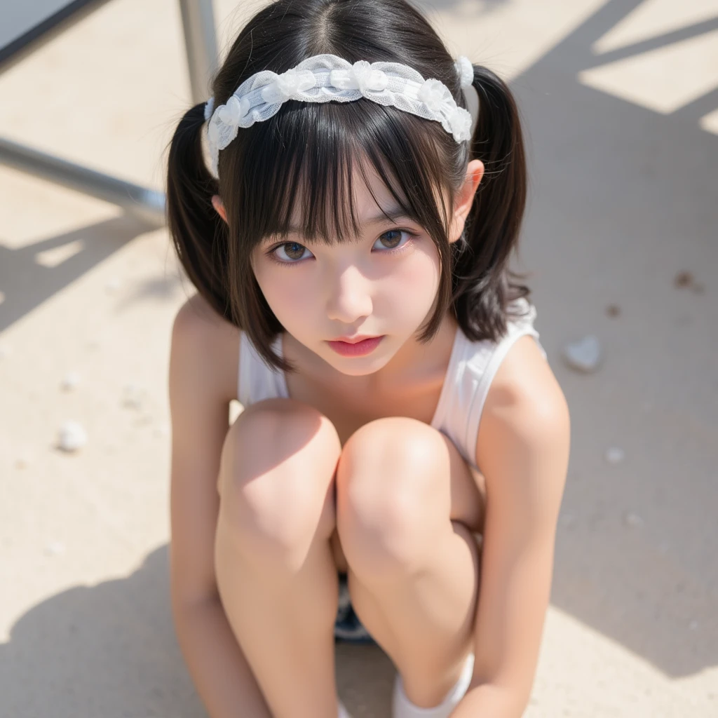 (masterpiece, highest quality:1.4), Award-winning portraits, 8k, 85mm, alone, Beautiful Face, Delicate girl,  (Cheerleader、On the grass), Sophisticated, cute, 15 years old, RAW Photos, Confused, High resolution, Sharp focus, Background blur、(((Flat  、thin and delicate body、Childish atmosphere)))、shiny semi-long hair、ponytail、Mole on the left cheek、 Dark brown eyes、Hair swaying in the wind、sexy、Flexible legs、naked