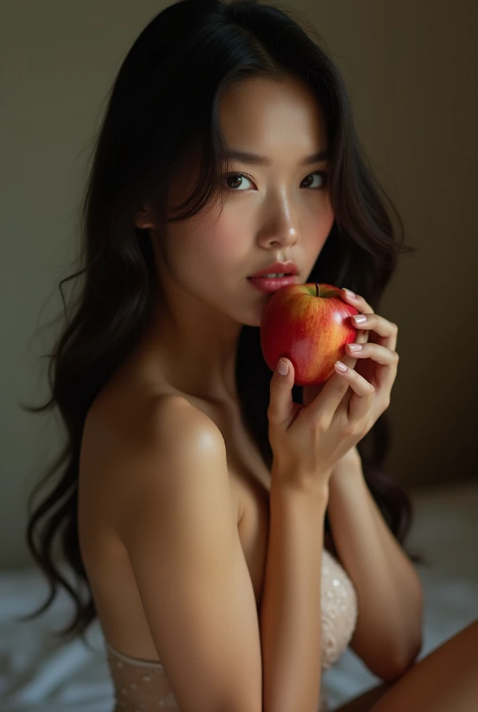 an artwork featuring a nude woman with straight, jet-black hair in an elegant pose, combined with the vibrant freshness of various fruits emphasized by glistening water droplets. The woman stands or reclines gracefully, her long, straight hair flowing smoothly down her back or shoulders, embodying traditional Japanese beauty. Surround her with an array of fruits such as peaches, grapes, and cherries, each adorned with delicate water droplets that catch the light, highlighting their juiciness and freshness. The setting should be minimalistic yet refined, perhaps incorporating elements of a traditional Japanese interior, like a tatami mat or shoji screen, to contrast with the vivid colors and textures of the fruits. The overall composition should evoke a sense of natural elegance, purity, and the harmonious interplay between the human form and the luscious, life-giving qualities of the fruits. Use soft, natural lighting to enhance the serene and sophisticated atmosphere of the scene.