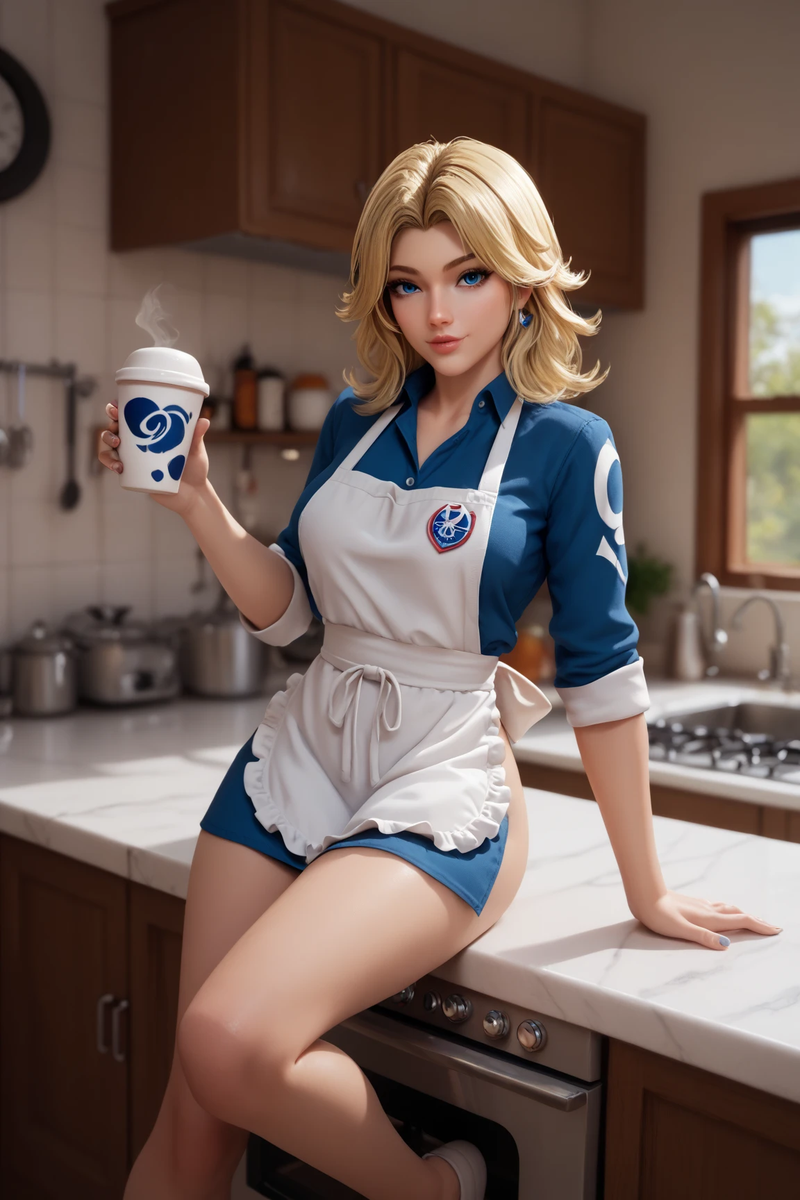 degenerate girl, big tits , asymmetrical face, blue eyes, Blonde, short hair, curvy barista, naked, monkey apron only,  perfect detailed 12k, cafe and bar, With lights ,gothic makeup 