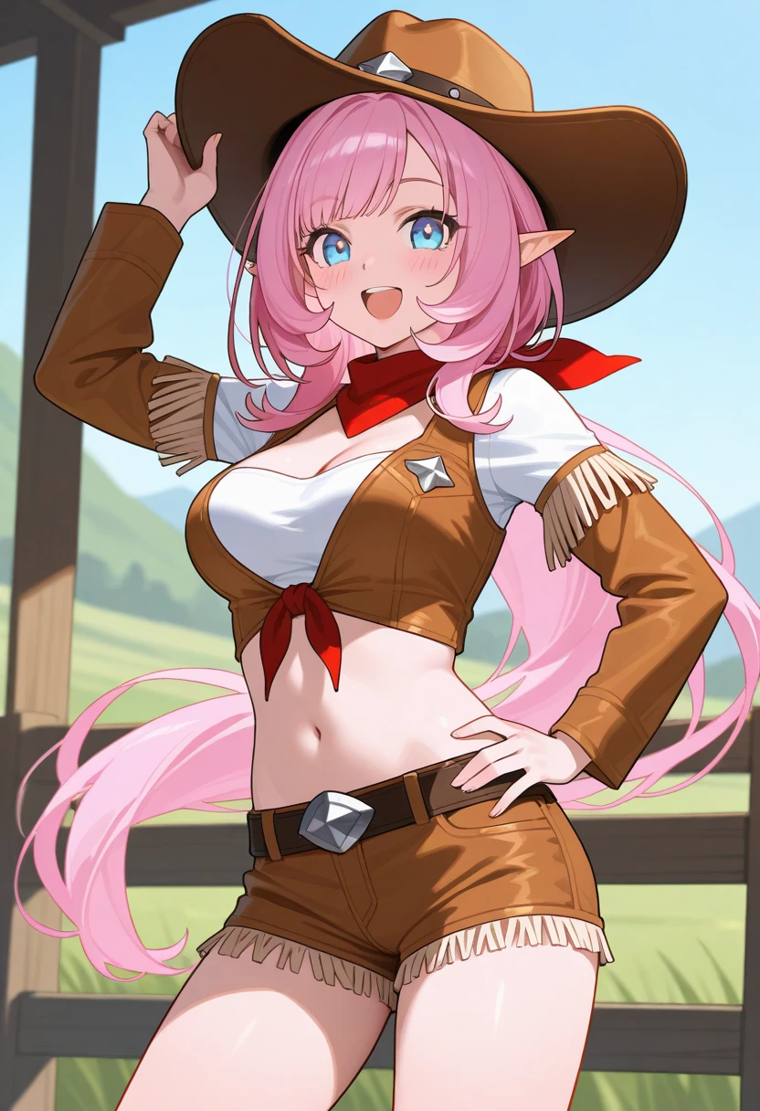 masterpiece, best quality, <lora:mootan-nvwls-v1-000009:0.9> moo-tan, cow girl, earrings, hat, neckkerchief, vest, tube top, cleavage, cow print, denim shorts, short shorts, chaps, large breasts, upper body, crossed arms, grin, looking at viewer, field, wooden fence, blue sky, from above