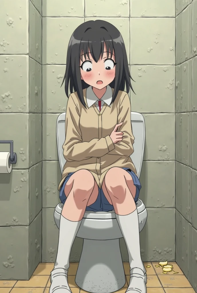 kyoko,score_9,score_8_upper,score_7_upper,sauce_anime,One girl,alone,View your viewers,Wooden school building,Pink Sweater,White collared shirt,length_skirt,blue skirt,Spread your legs,Dew panties,squat,Sad face,:d,arms_behind_return,urination、toilet、Take off your panties、pubic hair、…Semen dripping from the crotch、Small panties、pubic hair、