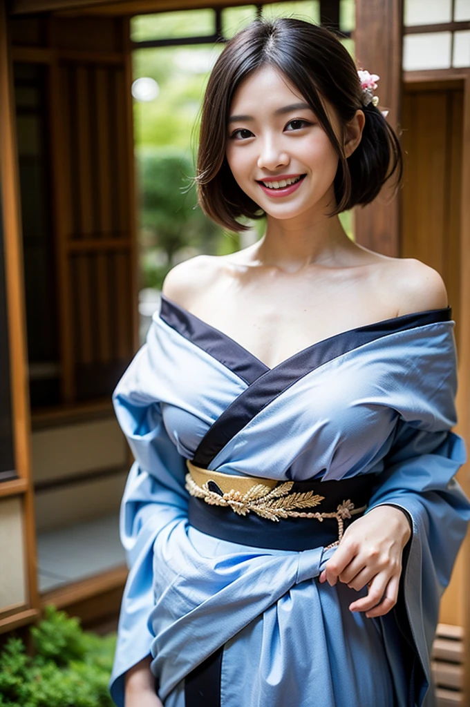 (Best Masterpiece)), (High Quality)), ((Real)), ((8k)) Super Beautiful, Cute, Oiran , Luxury Inn, Landlady, Kimono, Twelve Single Kimono, Japan people, 30 years old, 1 Female, Cleavage, Shoulder Out, Sitting on Tatami mats, Braless, Slender, Full body, Customer service, Elegant woman, Sony SLR photography, 1 short hair, blonde, looking at camera, tatami room, room with hanging scroll, smile, background realistic, photo, Moles under the eyes, from the front