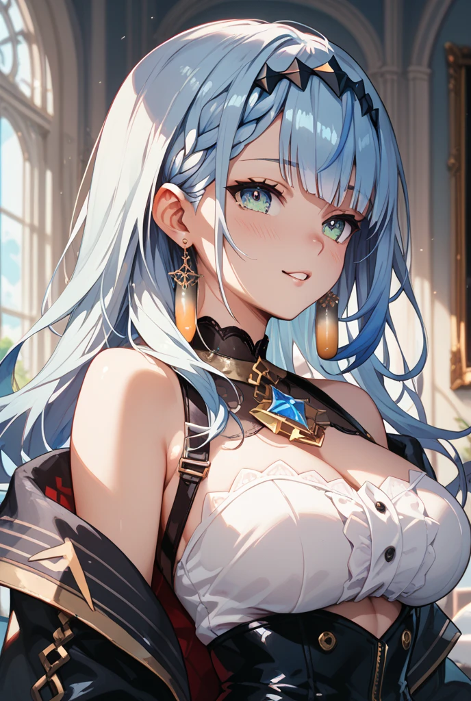 day, RAW Photography, (((Very Beautiful half body shot))), (Very Beautiful half body shot))), 1 Girl, Sexy 25 Year Old Girl, ((silver long hair)), deep blue eyes, Gentle Smile Staring under the Camera, (cleavage), medieval garden, ((medium breasts)), ((arms down pressing on chest)), ((Masterpiece, Best Quality, Ultra Detail, Cinematic Lights, Intricate Detail, High Definition, 8k, Very Detailed)), Detail Background, 8k UHD, DSLR, soft lighting, high quality, film grain, fujifilm XT3, shallow depth of field, natural light, perfect face