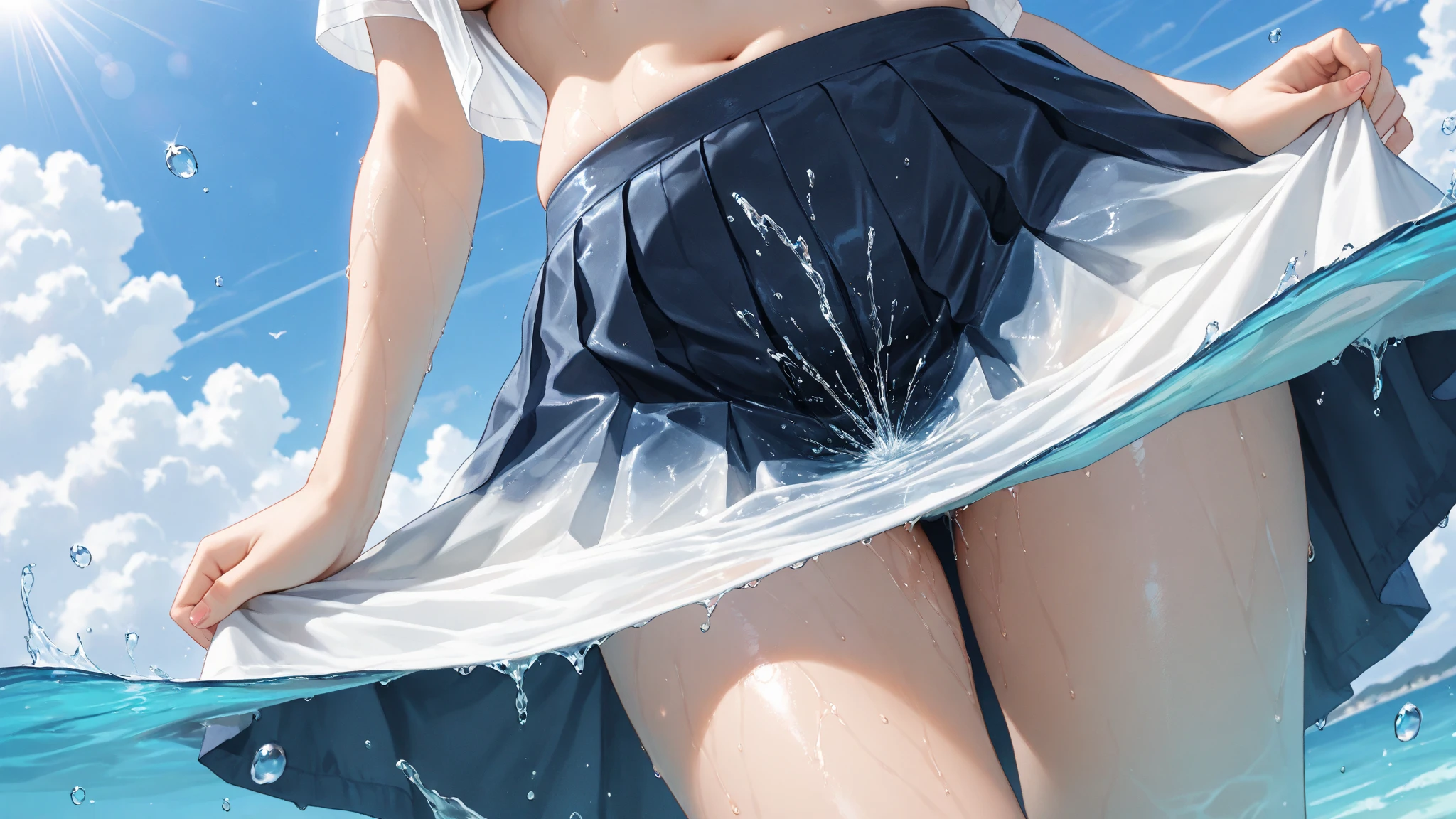 a detailed anime girl, high-kicking wet white skirt,no underwear, no shirt,no shorts,no shoes,long hair, ponytail,no socks,no clothes