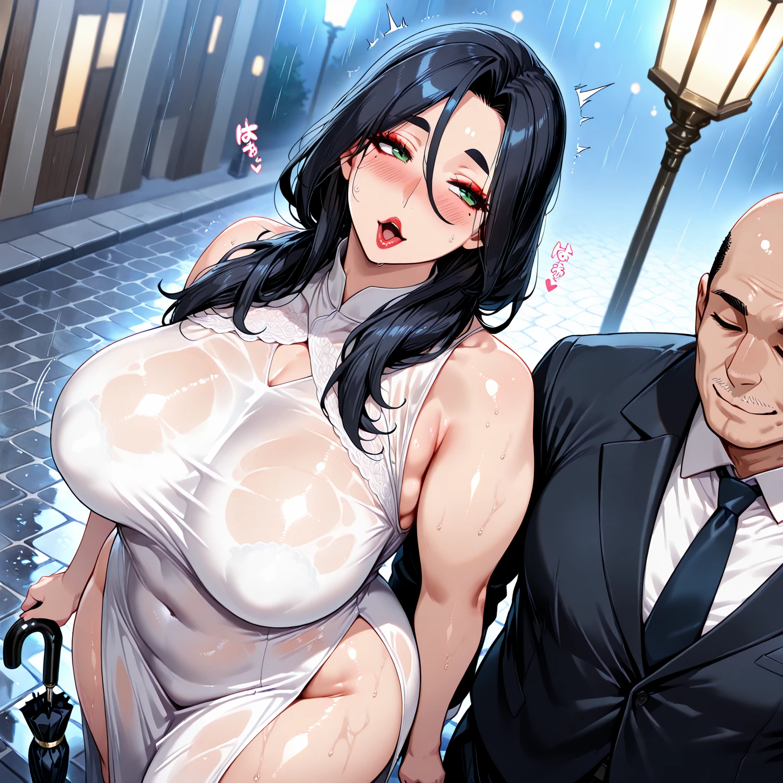 (masterpiece), (best quality), (night), (onsen:1.4), (bathing), (partially submerged), (topless), (bottomless), (nude:1.2), (smile), 
(standing), (thigh sex:1.6), (from front),
(1girl), (1girl:milf:1.4), (1girl:black hair), (1girl:long hair), (1girl:huge breasts), (1girl:nude), (1girl:nipples), (1girl:pubic hair), (1girl:midriff), (1girl:navel), (1girl:looking at viewer), 
(1girl: arms up), (1girl: arms above and behind head), (1girl: armpits), 
(man), (man:ossan:1.4), (man:fat man:1.4), (man:ugly man:1.4), (man:old man:1.4), (man:tall:1.1), (man:bald man:1.2), (man:huge penis), (man:age difference),