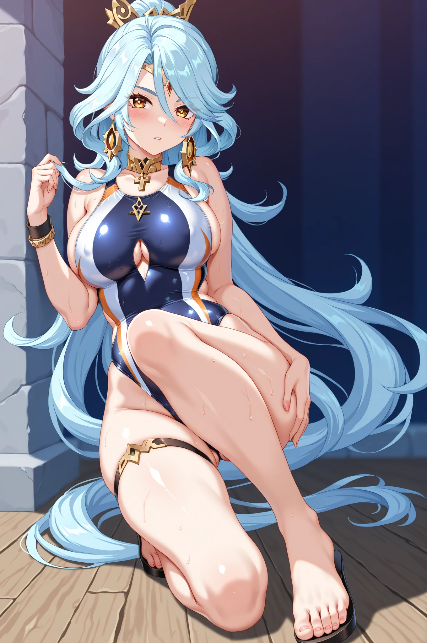 fantasy, lake_elemental_girl,(right_skin:0.9), (using_water_clothes:1.1), water_covered_breasts, water_covered_pussy,covered_nipples,(gigantic_heavy_tits:1.1), walking, smile, sleepy, medium_hair, navel oil, (water_around_torso:1.1), pondside_background, gold_headgear, aquablue_cape, spread_arms, large_staff, slender_thighhighs,solo,(pelvic_curtain:1.2), tabard,(plump:0.7),cowboyshot,(apart_legs:1.4),pussy,splash