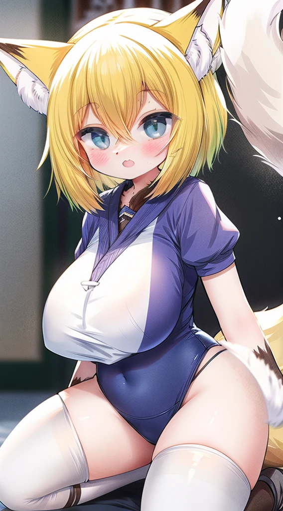 Yellow and short hair, blue eyes, very very big boobs, with a simple shirt, showing her boobs, fox hears, one fox tail in bed