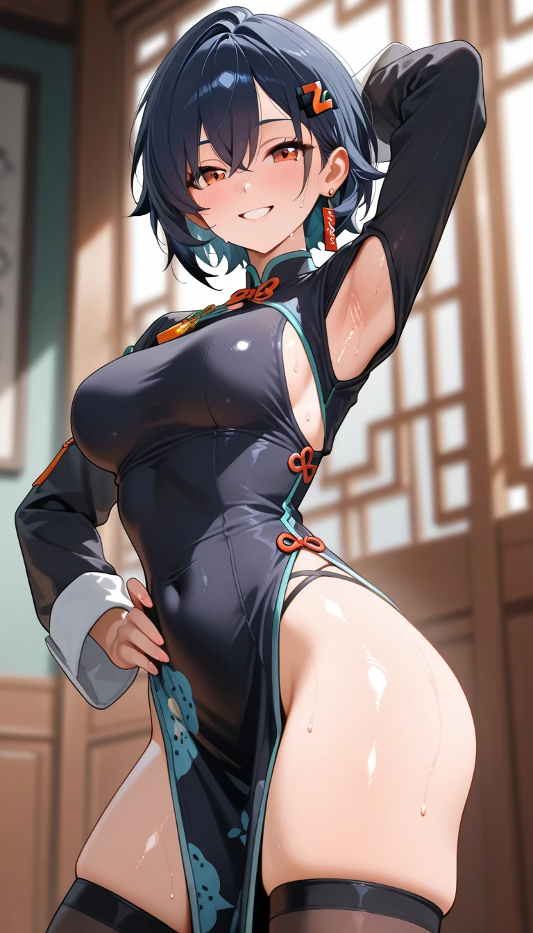 masterpiece, best quality, beautiful art, high resolution, well formed hands, body and fingers, 1 woman, solo, Lumine , adult, grown up ,big breasted, cleavage, full body, black stockings, sleeveless, leotard peeking, pelvic curtain, sexy Japanese clothes, maid, hair ornament, gorgeous legs and thighs, she is fighting in a combat match at a martial arts tournament, she is getting ready to fight, making her guard pose, action and fighting scene, about to hit the viewer, looking at the viewer, sweating , feeling confident and proud, smiling joyfully and happily, charming her opponent with her beauty, bouncing breasts, fighting scene, martial arts tournament on the beach
