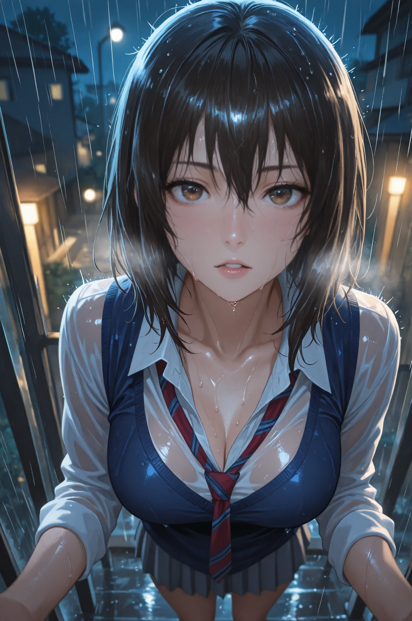 (masterpiece:1.2, highest quality), (Realistic, photoRealistic:1.4), Beautiful illustrations, (Natural side lighting, Cinema lighting),
Watching the audience, Face focus, Upper Body, 1 female, Japanese, Perfect Face, Perfect body, Symmetrical cute face, Glowing Skin, Baby Face, big breasts:1.4, Hair between the eyes, Emerald green eyes, Captivating thighs, thin,
Beautiful Hair, Beautiful Face, thin and beautiful eyes, Beautiful clavicle, Beautiful body, Beautiful breasts, Beautiful thighs, Beautiful legs, Beautiful fingers, Are standing,(masterpiece:1.2, highest quality), (Realistic, photoRealistic:1.4), Beautiful illustrations, 1 female, Japanese, ((brown hair, Medium Hair:1.5, Wet Hair:1.4)), blown 髪, bangs, 髪 between eyes, big breasts,
beautiful 髪, Beautiful Face, Beautiful and detailed, Beautiful clavicle, Beautiful body, Beautiful breasts, Beautiful thighs, Beautiful legs, Beautiful fingers,
((Suit jacket, pants suit:1.6, Collared shirt)), ((Rainy street:1.4, Looking up, getting hit by the rain:1.6, Close your eyes)), overhead shot:1.6