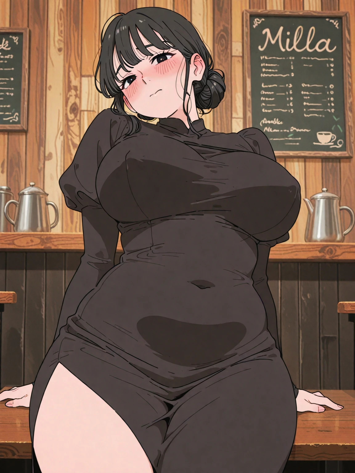 ((Masterpiece)), perfect anatomy, perfect shading, field of depth, (best quality), extremely delicate and beautiful, perfect lighting, detailed face, ultra cute face, cute, ((1girl)), ((solo))
long fluffy black hair, glasses, green eyes, ((blush)), nervous, spoken heart, looking at viewer, sweater, short skirt, large breasts, ((thick thighs)), (wide hips), ((plump)),
intricate background, detailed background, fast food restaurant,