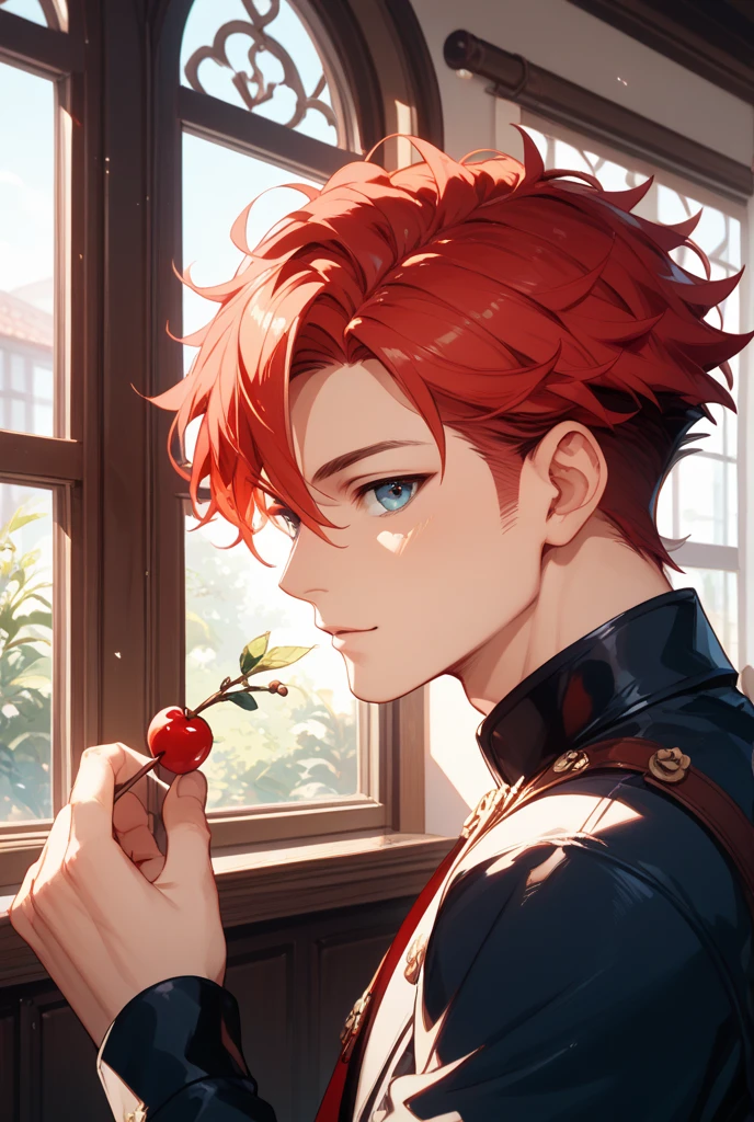 (masterpiece), best quality, expressive eyes, perfect face, boy, through the forest, lamp, animals, sit around a table,  steampunk, mushroom, red hair