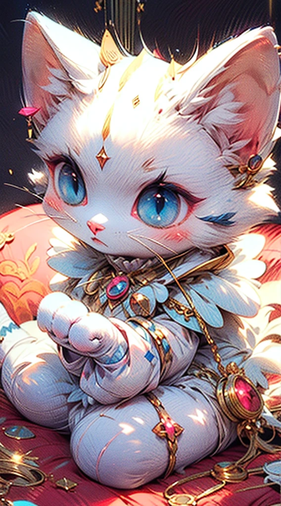 One wears a crown on his head，cartoon cat with wings，Small animals, A cute little flower cat,, mascot, Means to become rich sitting on a red cushion, Dressed in gorgeous costumes， Smile, HD anime style digital art, Blind Box, Pop Mart, handicraft, Detailed digital 2D fantasy art, 8k high quality detailed art, Detailed digital anime art, Porcelain texture, High Detail, precise, High Detail, precise, High Detail, precise, High Detail, precise, High Detail, precise