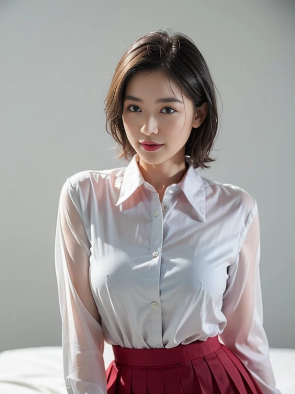 ((Shoulder-length bob hair)),（Really meticulous CG),(((8K))),wallpaper,(Incredibly stylish and beautiful),(masterpiece:2.0），（best quality:2.0），（초high resolution:2.0),A beautiful light comes on，perfect lightning,Realistic Shading，[high resolution],(Smooth, flawless, fair skin:1.5),Very exquisite facial details,Ultra-detailed,female,alone,small head,small face,clear face,exquisite makeup,red lips,closeup,at home,(in the clothing room:1.2),(standing next to the closet:1.3),(many women's clothing hanging in the wardrobe:1.3),(laugh:1.2),(perfect body:1.1),,flat chest,slim,thin,(White collared shirt and thongs:1.5),cowboy shot,portrait,(from behind),Daytime Scene,glimmering,blue green wall