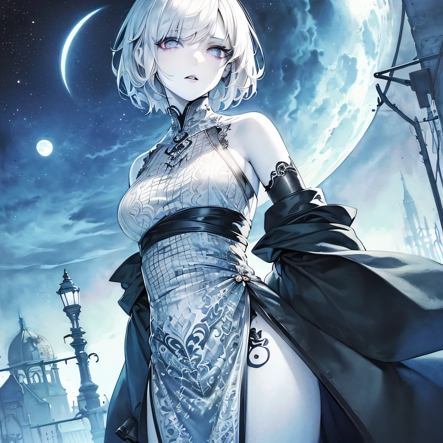 (((1 person))) ((High resolution Gray Hair short hair shoulder)) ((Black Band Lonely despair blue eyes)) moon star nude nipples naked exposed female genitals pussy
