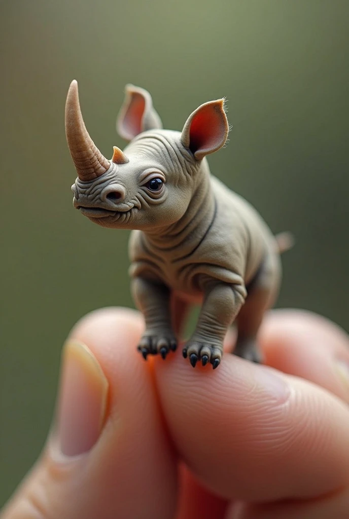 Photorealistic, 34k, A micro baby rhino perched on a human finger