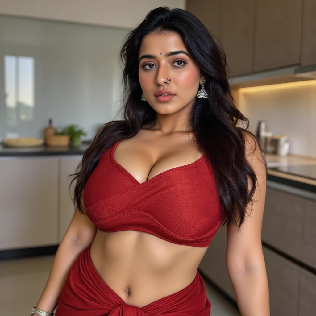 Plus size woman in red saree.HOT figure,sexy navel, kamasurta expression in garden