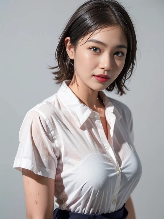 White Background、Professional Lighting、(((Professional Lighting 1.5)))、Translucent skin texture、Beautiful Skin、Beautiful Skin、、(((Whitening 1.5)))、、、音符のEcstasy、((White Shirt 1.5))、Open your chest wide 1.4、Very good、Mid-shot photo、Simple Earrings、((Brown Hair))、Tie your hair、Sex Appeal、Sex Appeal、Ecstasy、(((Mid-shot photo1.5))、(((1. Open the front of your shirt wide.85)))
