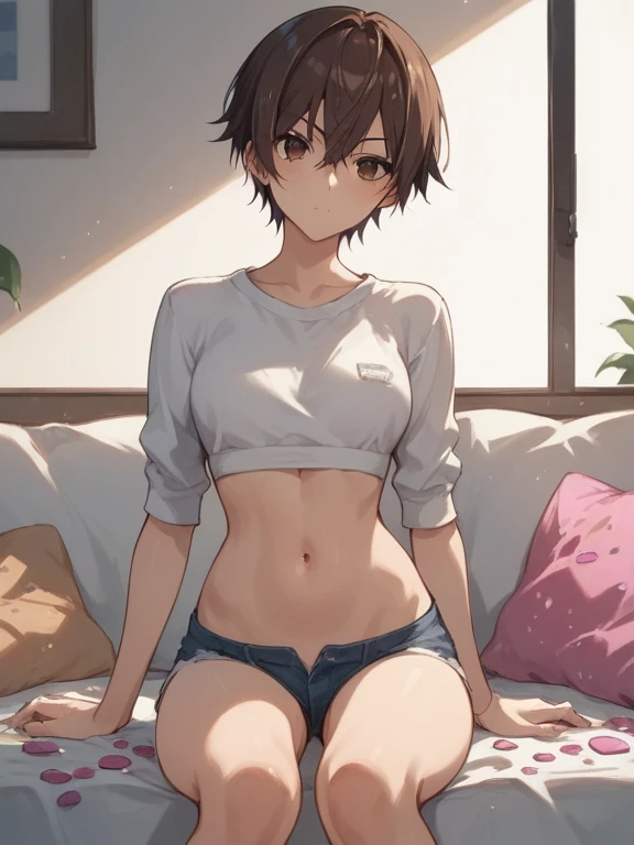 ((Medium Shot)), beautiful girl, very short brown hair, Wear a white long-sleeved T-shirt,White low rise bottoms, Perfect hands, Perfect body, Sit with one's legs slumped over the desk, barefoot, ,One knee is slightly raised, but we don't make eye contact ,((Exquisite detail)), Very finely crafted fingers(((10 fingers))), , (Full-body showcase), (Show your whole body), (No logos on background), (No logo), ((Plain background)), ((Plain background)), (((Sky Background))).、barefoot、The camera frame is taken from below., legs spread,