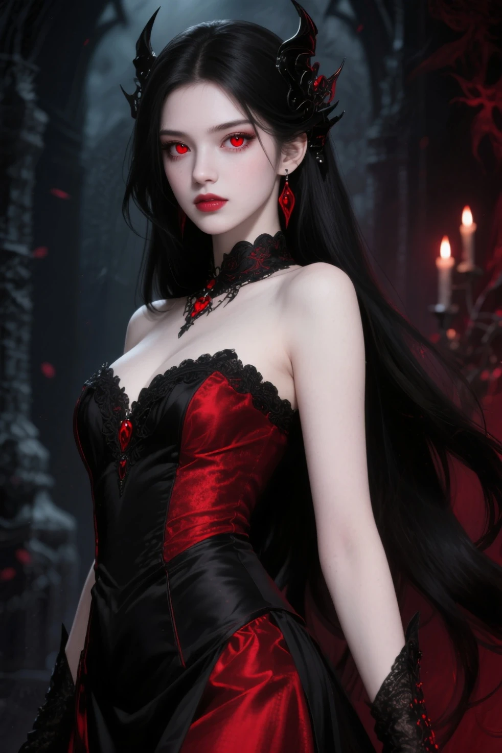 1 beautiful devil woman from hell, In the Dark: 1.6), surreal female portrait by David Hockney and Alphonse Mucha, fantasy art, korea doll, photorealism, dynamic lighting, artstation, poster, volumetric lighting, very detailed faces, 8k ultra, Awarded, in the dark, deep shadow, low key, cowboy lens, (Red phoenix dress: 1.4), long hair, black hair, bust, luxurious palace, Royal style, devil crown, red eyes make up very sharp and detailed, The most beautiful face, The breasts are very big and round and round, Super realistic, chinese women's clothing, polo neck sweater, Charming smile, The eyes are very well made up, guweiz, devil style, wearing black mesh socks, Ponytail with a bow tied at the back of the hair, Red black lips, Devil tattoo on shoulder, wearing a thin red and black robe, the landscape is overcast and thunderous, (Portrait), Close-up of the main character, (Background details 1.8),