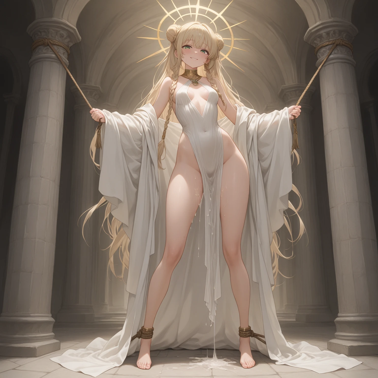 ((Highest quality)), ((masterpiece)), (detailed), （Perfect Face）、The woman is Princess Leona, with medium-long light brown hair. She is naked and connected to a machine brainwashing device that is bigger than her height and filled with culture fluid, and is locked in and brainwashed and modified.、The transparent hatch of the device is closed, and the inside is filled with culture fluid, and the woman is receiving treatment while immersed in the culture fluid.