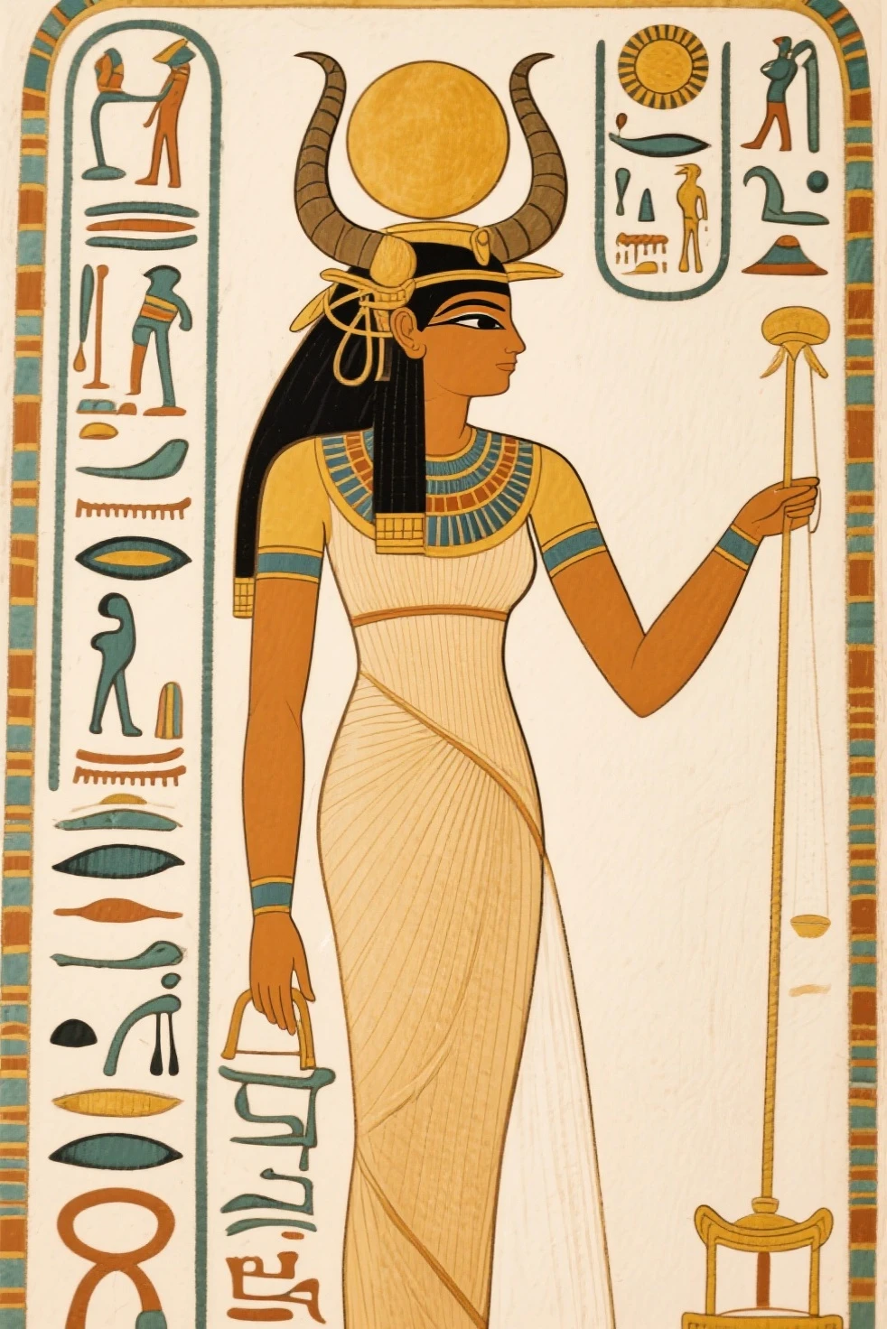 This ancient Egyptian painting depicts a mythical and symbolic scene of great cosmological importance. in the center of the composition, the goddess Nut is observed, the personification of heaven, which is represented as a curved female figure, with blue skin full of golden stars. Nut is arched over her father Shu, the god of air, who holds the sky above his head and over Geb&#39;s body, the god of the earth, that is lying below. Shu is illustrated with raised arms, demonstrating its crucial role in separating heaven from earth. Geb is shown as a reclining male figure, with a serene expression, symbolizing the fertile land and the physical world. Geb&#39;s position, lying down with one arm raised and the other bent, reflects the stability and foundation of earthly life. Above Shu, Nut bows gracefully, symbolizing the celestial vault. Its blue skin and golden stars represent the night firmament, creating a visual connection between the sky and celestial bodies. Nut&#39;s stance, with hands and feet touching the earth, emphasizes its pervasive presence over the world and the importance of nature&#39;s daily and annual cycle.
