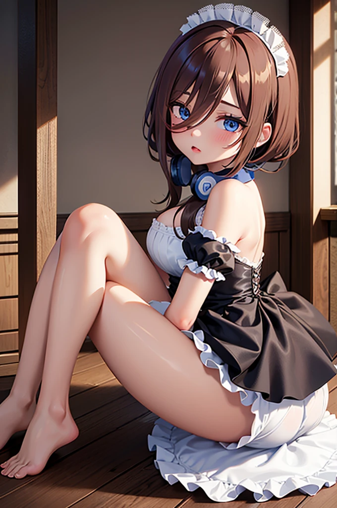 Ultra realistic), (Masterpiece), (superior quality), (perfect details), (details in the setting), (rtx), 1girl, short hair, thong panties and bras position with the legs open and the hands in the panties. Wooden hut in the middle of the forest, cloudy weather, with little fog. Expression of pleasure on his face. Angle underneath and near her panties (variations)