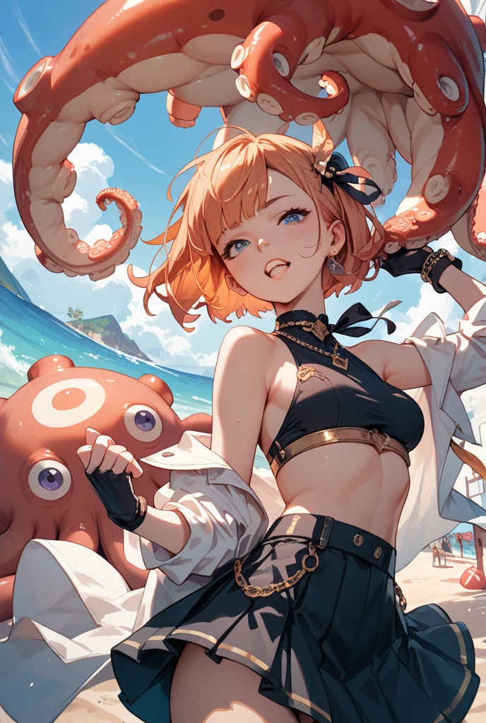 One lady,12year old,(() ,(((blushed face))), ((Octopus tentacles)), (((octopus)))((I'm opening my mouth)),((a miniskirt, body suit))(Happy Ahe Face),Wet with sweat,(A dark-haired,),((sand beach,,))((Clothes are torn))