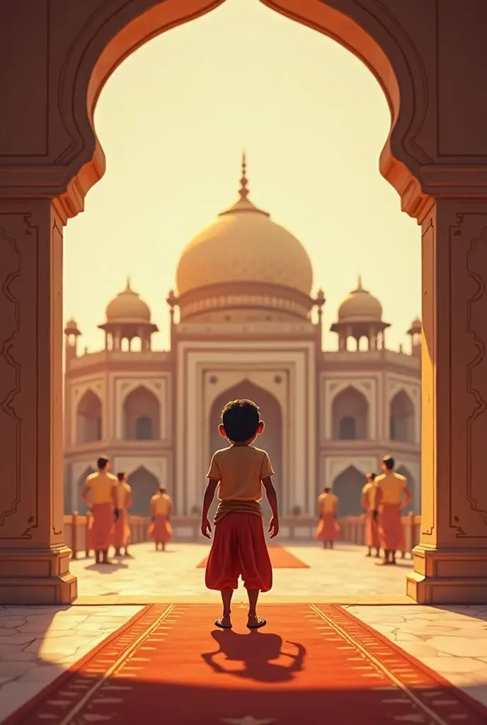 The King’s Palace: A grand palace with intricate Indian architecture, surrounded by lush green gardens. The king, wearing traditional royal attire with a crown, is walking through the garden, accompanied by a playful monkey.