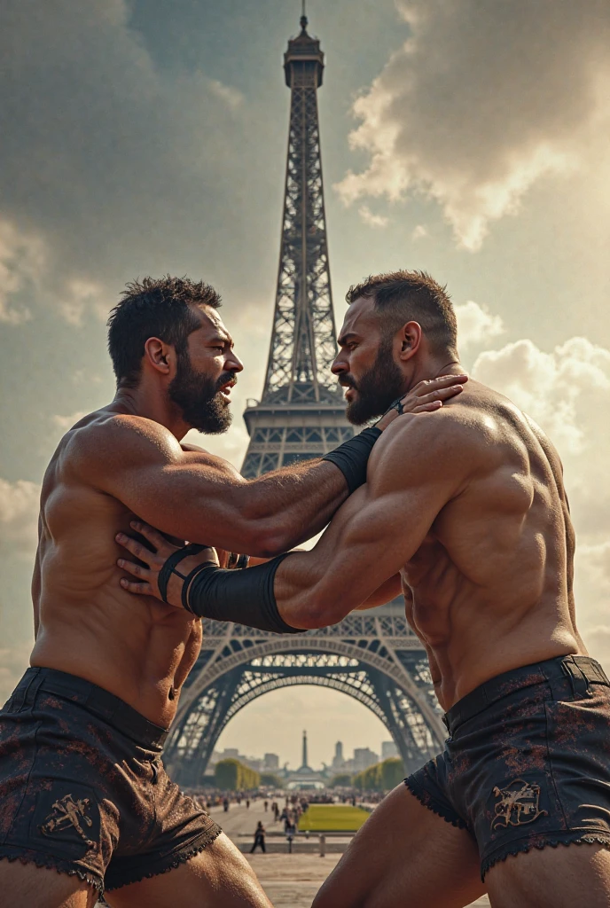 In the Paris Olympics, 2 karateka are wet with sweat are fighting fiercely in front of the Eiffel Tower.