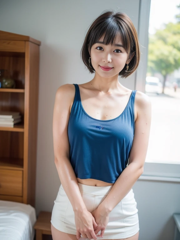 Top quality, 1 beautiful woman, super short Hair, shy Smile, wearing tanktop, From Above