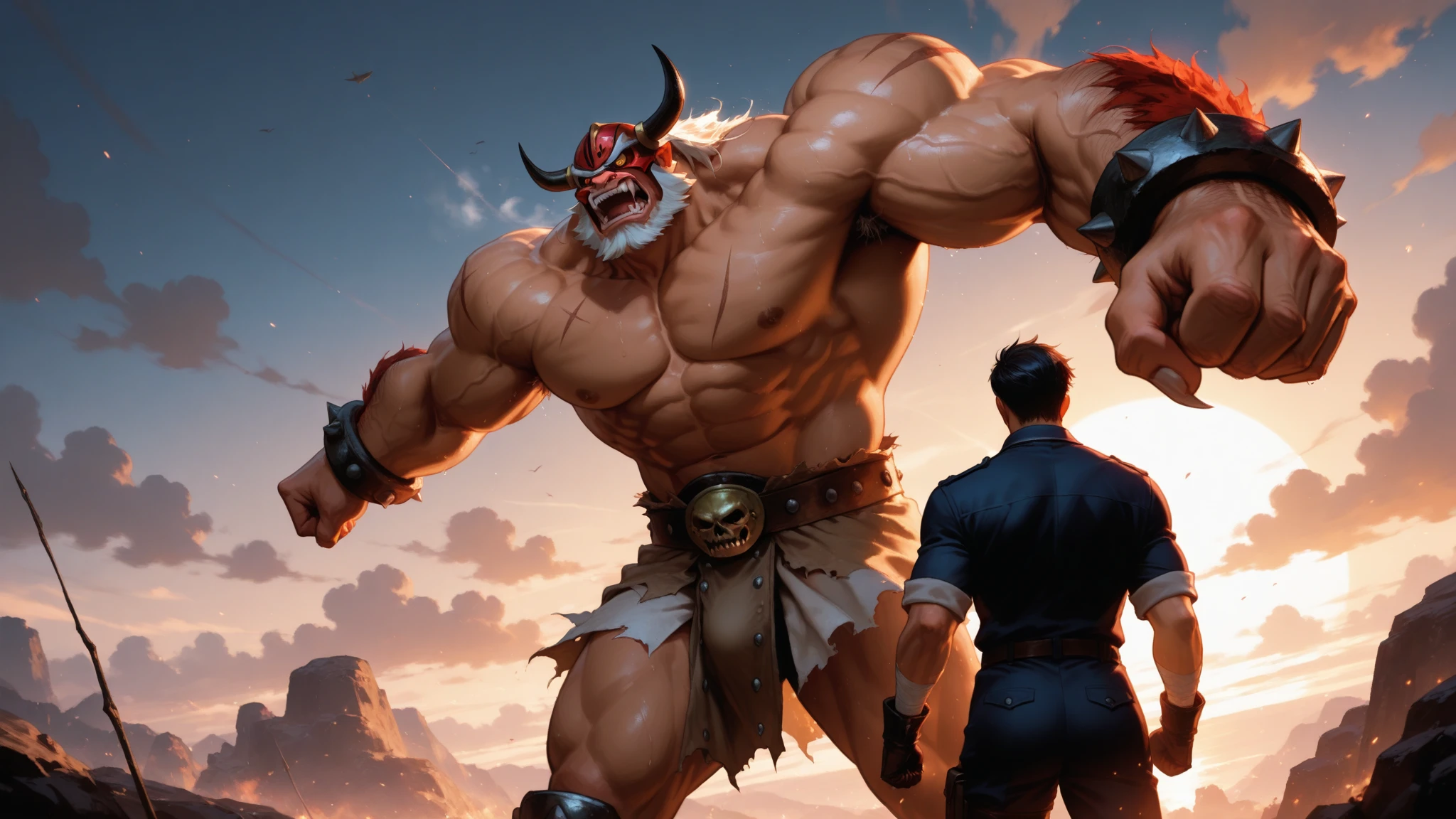 ((Um no, Demônio masculino pumped com aparência de (Werewolf or Minotaur?)  olhos amarelos amanhece com a pele vermelha e um corpo humanóide com feições feias que mostra sua força Intimidating Enforcera cheia de luxúria e malícia mostrando sua língua preta e dentes afiados babando se masturbando sentado com as coxas abertas olhando de um jeito que parece desafiador, Intimidating Enforcer, shameless, luxurious and seductive, (part of penile heresion, head appearing and getting thick and hard so that your balls show satisfaction and relief with greater, bottom balls)), (there is another humanoid demon (Werewolf or Minotaur?) pumped, but he has white skin taking off his mouth penetration between the groin sucking the heresy on the penis, gay sex, looking satisfied, gaping mouth, gasping, tongue out) they covered his penis with their mouths