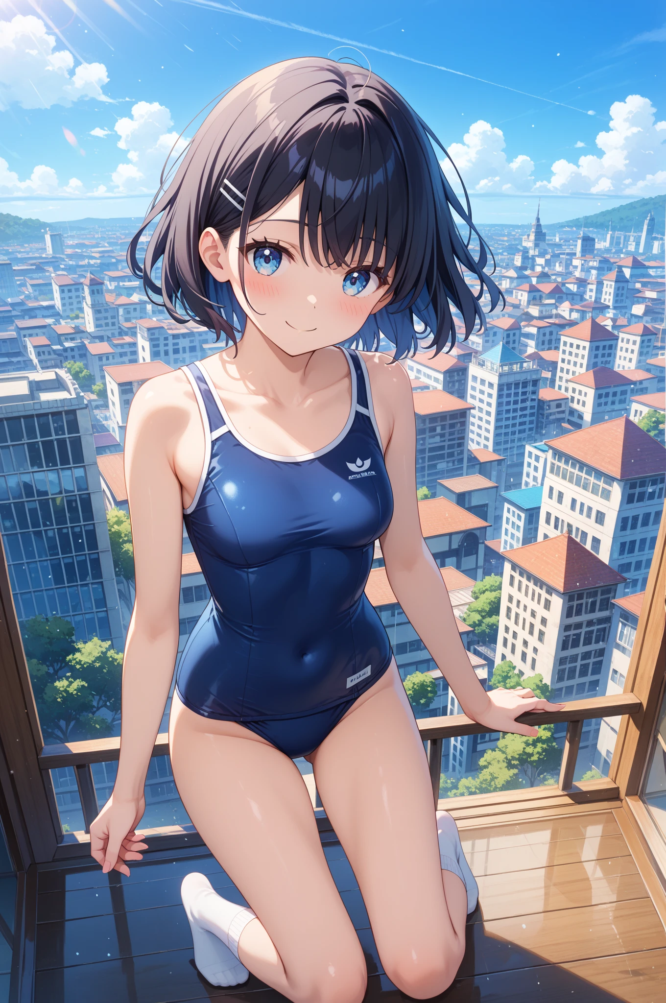 (gleaming skin:1.3), A young girl with black short hair, sky-blue eyes, wearing a one-piece swimsuit, standing, cityscape. public indecency,undress,coat