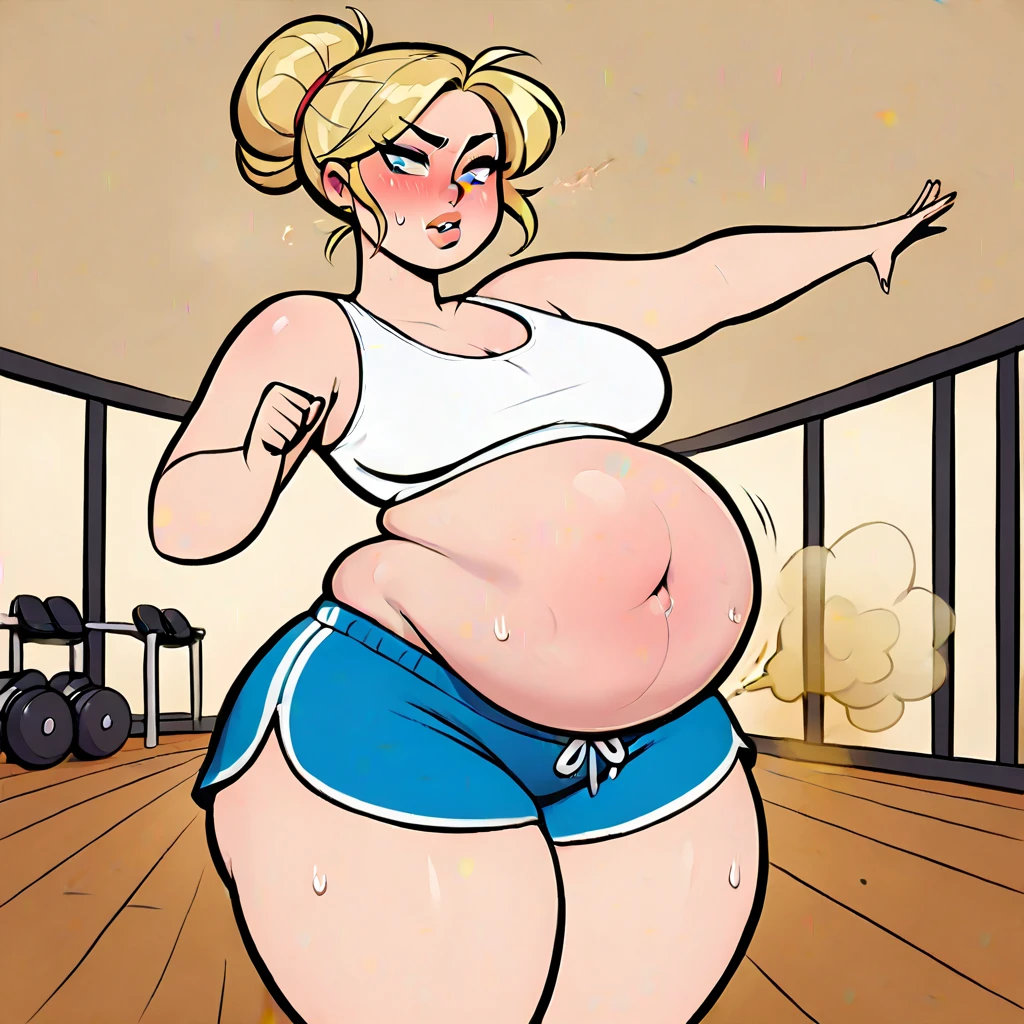 cartoon of a woman with a large belly sitting on a ball, pregnant belly, bouncy belly, her belly is fat and round, she has a jiggly fat round belly, pregnant, big stomach, big belly, insanely inflated hips, pregnant female cyborg, realistic cartoon, giantess art, belly exposed, thicc, cutesexyrobutts, big round nose