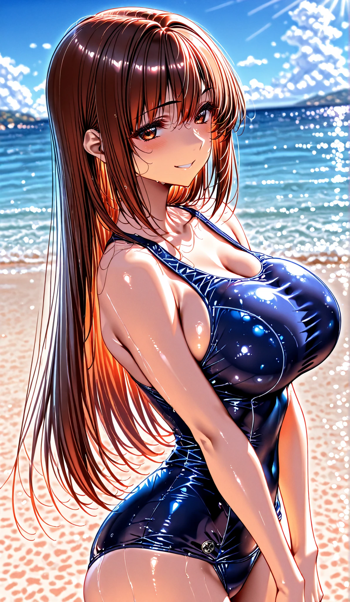 highest quality、Nice sexy body、One Woman、solo、(Beautiful busty woman:1.5)、Woman with straight hair、((Woman with dark red hair))、Woman with straight hair、((A woman wearing a navy blue one-piece school swimsuit))、smile