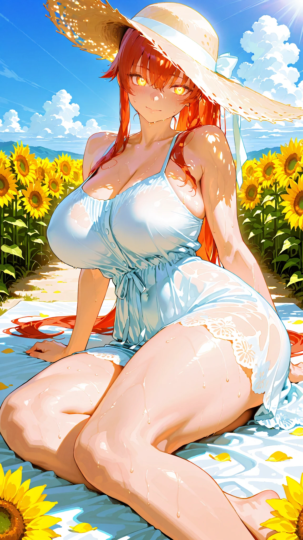 Scarlett Johannsson is a naked woman standing in an open garden with beautiful colorful flowers. She has big beautiful bright blue eyes, light red lipstick, sexy smile, enormous breasts, medium length wavy random color hair. She has amazing skin tone and texture. She has an athletic body with ourglass figure, supermodel. She is in a random sexy pose for the camera. (Distant side view:1.8), covered in thick slimy cum. Hyper realistic photo, 16k, vibrant colors.