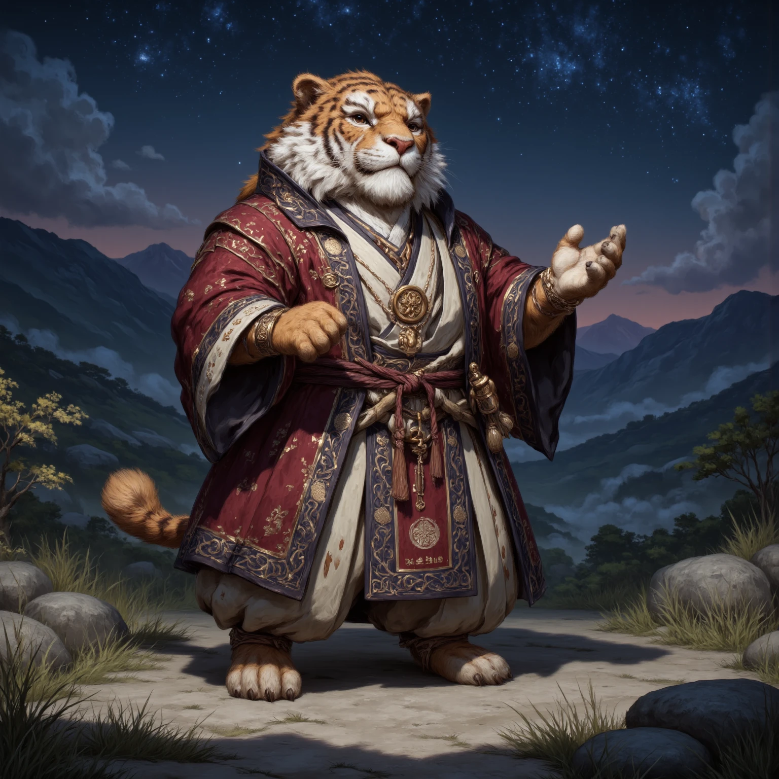 character focus, whole body, fat middle-aged tiger man, (Feng Shui master's robe clothes), please raise your hand casting oracle, body hair, hairy skin, fluffy,  5toes, 5fingers, tiger 1tail, brown eyes, male face, square jawline, male eyes, male eyebrows, detailed and realistic anatomy, musclegut, innocent look, detailed face, detailed tiger body, beautiful hands detailed eyes, intense eyes, beautiful beard, beautiful ears, arm details, leg details, beautiful legs, highest quality, high resolution, realistic, 16K, masterpiece, detailed painting landscape, starry sky, oriental mountain, path, outdoor, BREAK e621 illustration, osukemo, kemohomo, anthropomorphic, furry, cartoon, oriental atmosphere 