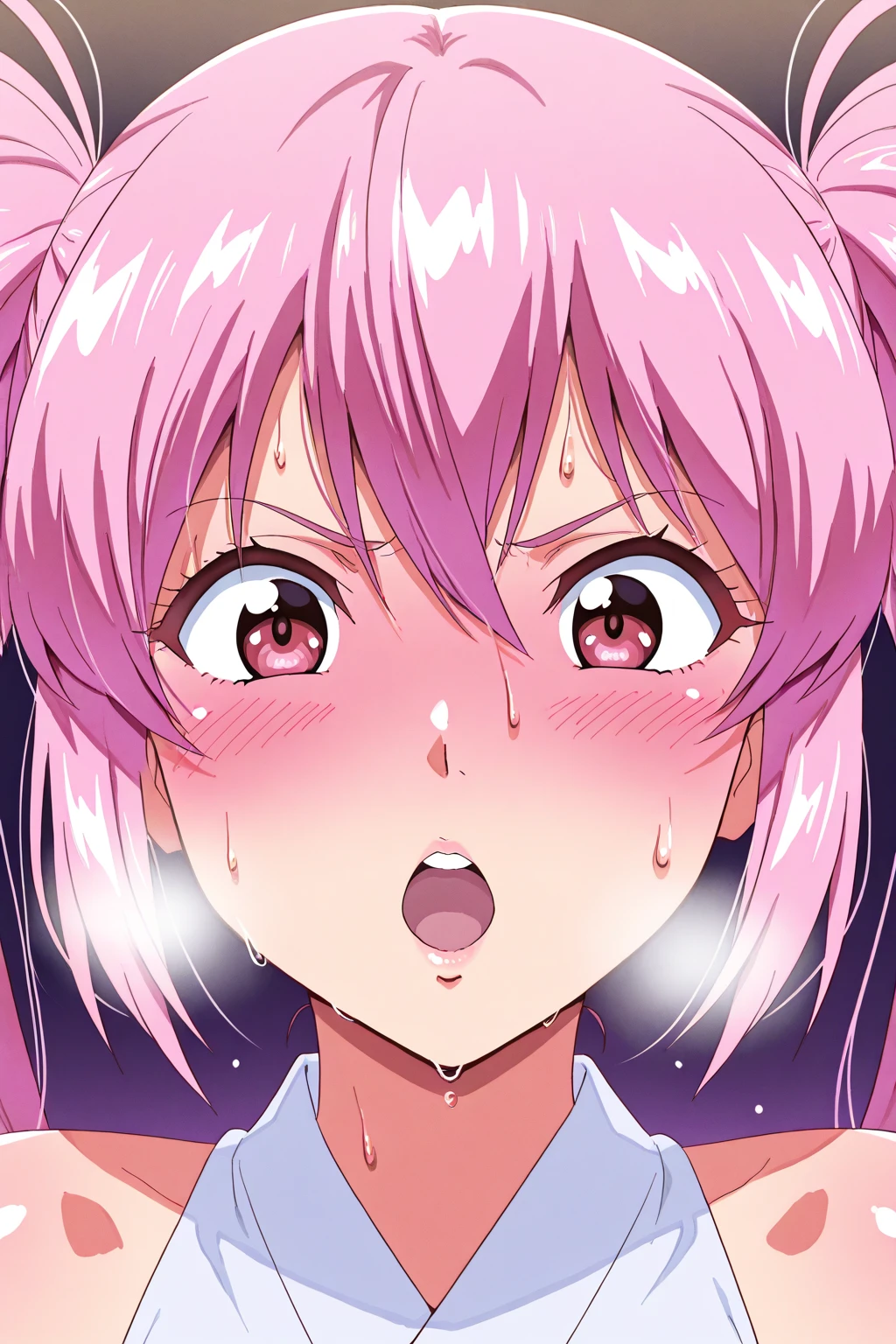 Girl with pink hair、face、Full of sperm、Sperm in the mouth、Sperm in the hair、Close one eye、faceが赤い