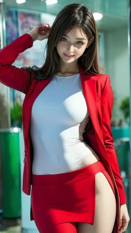 (8K), (best quality), (masterpiece:1.2), (Practical), (photoPractical:1.37), Extremely detailed, A woman, Wearing a red suit,White Compressed V-Neck Shirt, Red leggings, Sexy pose, Smile