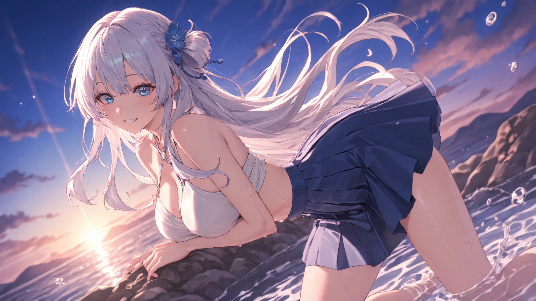 (Vulgar,nsfw),
((panty shot)),((lifting skirt)),((white panties focus)),(beautiful elegant white panties),♥low angle,from below,full body,
♥full body,(looking at the viewer),(sexy elegant blue knit long sweater,bikini),low angle,((1girl,cute,young,semi long beautiful silver hair,blunt bangs,beautiful blue eyes,medium boobs)),(beautiful beach,sand,waves,blue sky),(solo), (bathing in the sea), innocent smile,cinematic lighting and pause,♥low angle,from ground,panty patterns